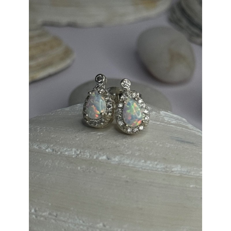 925 Sterling Silver Opal & Beryl Stud Earrings Length 0.4 inch
