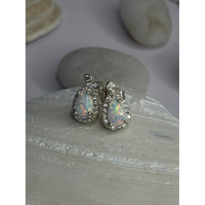 925 Sterling Silver Opal & Beryl Stud Earrings Length 0.4 inch