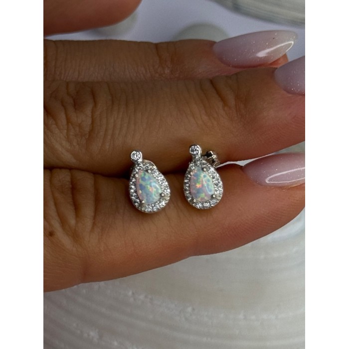 925 Sterling Silver Opal & Beryl Stud Earrings Length 0.4 inch