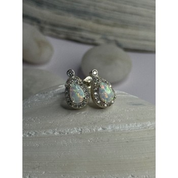 925 Sterling Silver Opal & Beryl Stud Earrings Length 0.4 inch