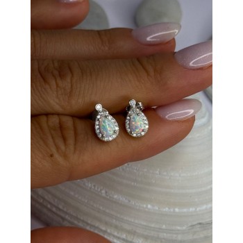 925 Sterling Silver Opal & Beryl Stud Earrings Length 0.4 inch