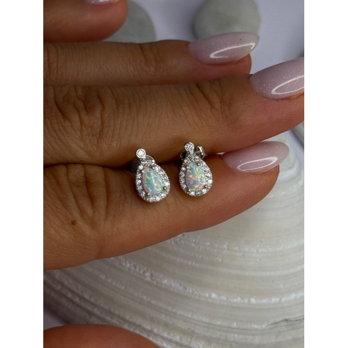 925 Sterling Silver Opal & Beryl Stud Earrings Length 0.4 inch