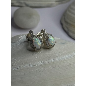 925 Sterling Silver Opal & Beryl Stud Earrings Length 0.4 inch