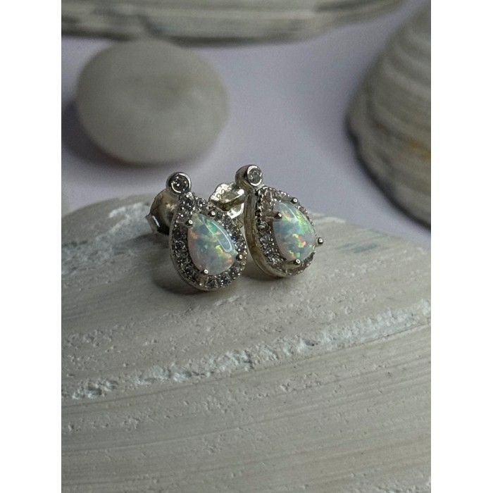 925 Sterling Silver Opal & Beryl Stud Earrings Length 0.4 inch