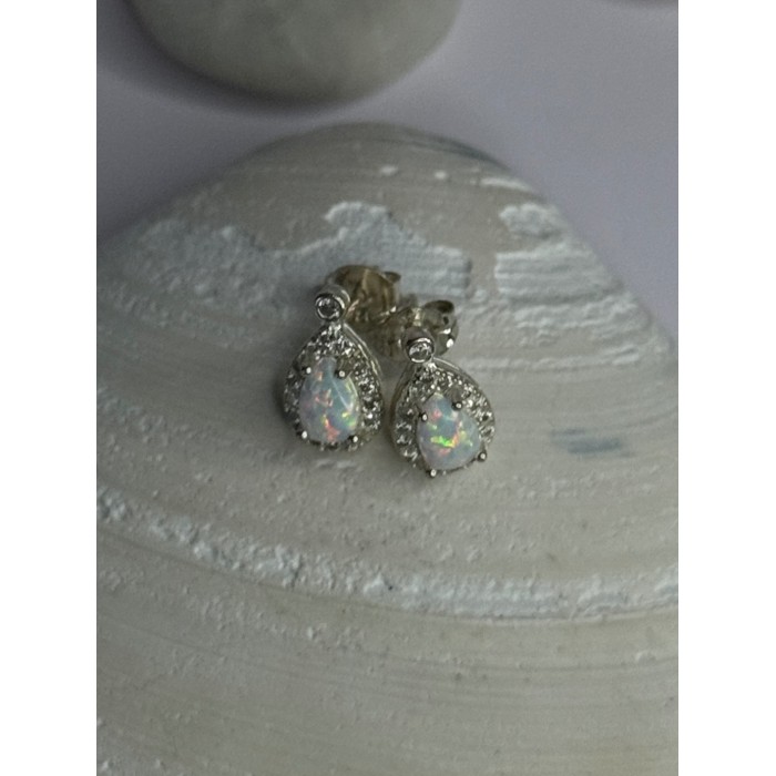 925 Sterling Silver Opal & Beryl Stud Earrings Length 0.4 inch