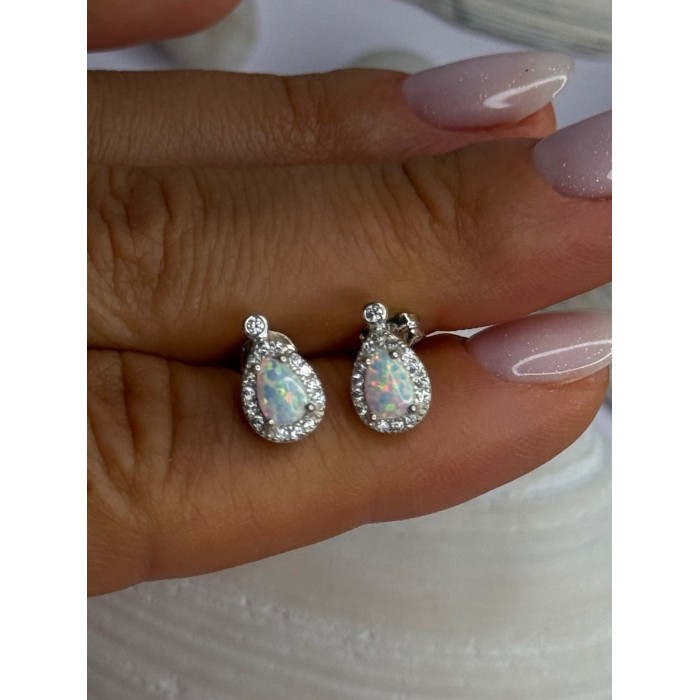 925 Sterling Silver Opal & Beryl Stud Earrings Length 0.4 inch