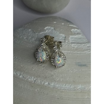925 Sterling Silver Opal & Beryl Stud Earrings Length 0.4 inch
