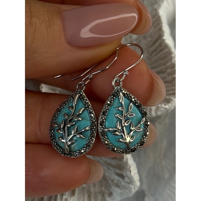 925 Sterling Silver Turquoise & Marcasite Earrings Length 1.20 inch