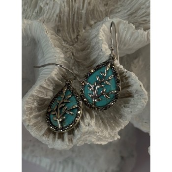925 Sterling Silver Turquoise & Marcasite Earrings Length 1.20 inch