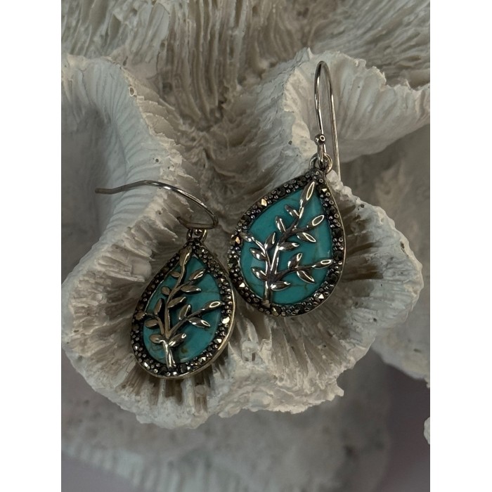 925 Sterling Silver Turquoise & Marcasite Earrings Length 1.20 inch