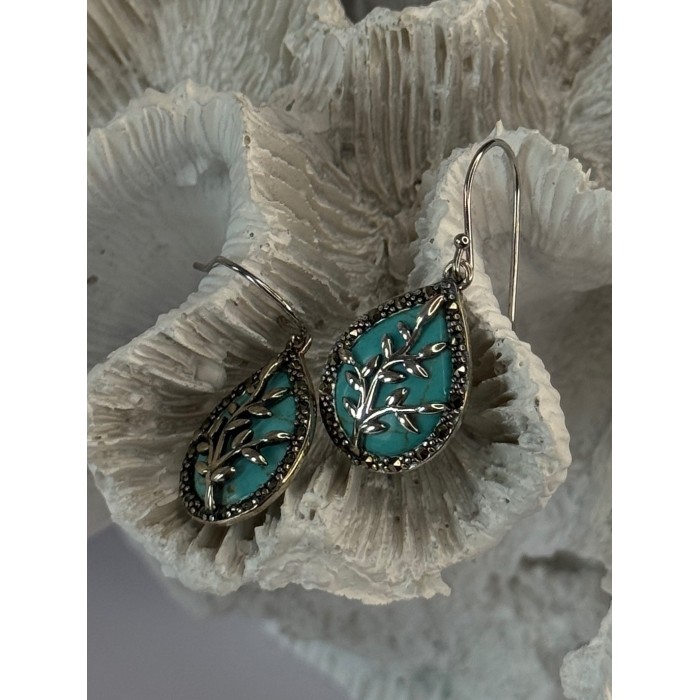 925 Sterling Silver Turquoise & Marcasite Earrings Length 1.20 inch