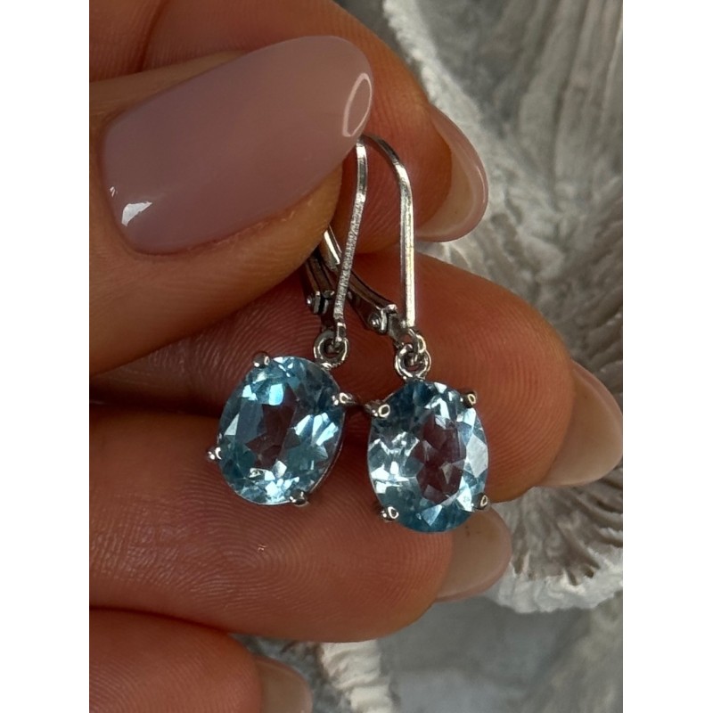 925 Sterling Silver Blue Topaz BBJ Earrings Length 1.10 inch