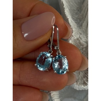 925 Sterling Silver Blue Topaz BBJ Earrings Length 1.10 inch