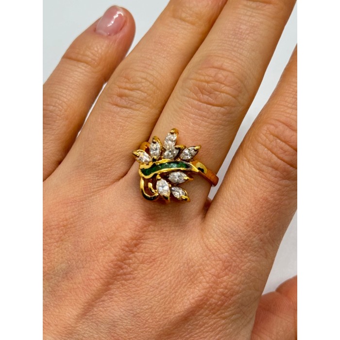 925 Sterling Silver Gold Plated Emerald & Goshenite Ring Size 8