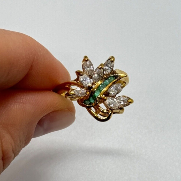 925 Sterling Silver Gold Plated Emerald & Goshenite Ring Size 8