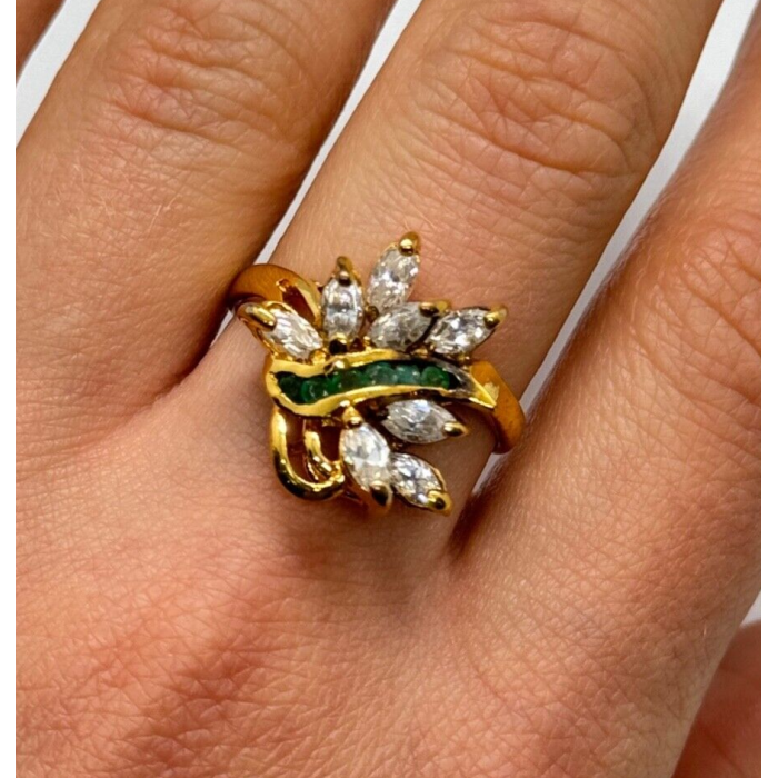 925 Sterling Silver Gold Plated Emerald & Goshenite Ring Size 8