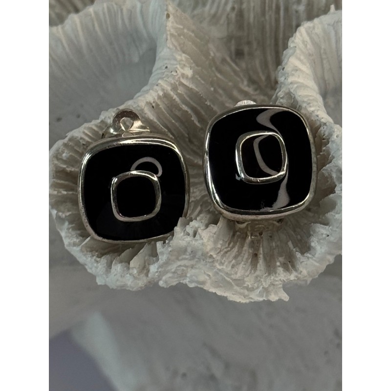925 Sterling Silver Black & Brown Onyx Clip Earrings Length 0.60 inch