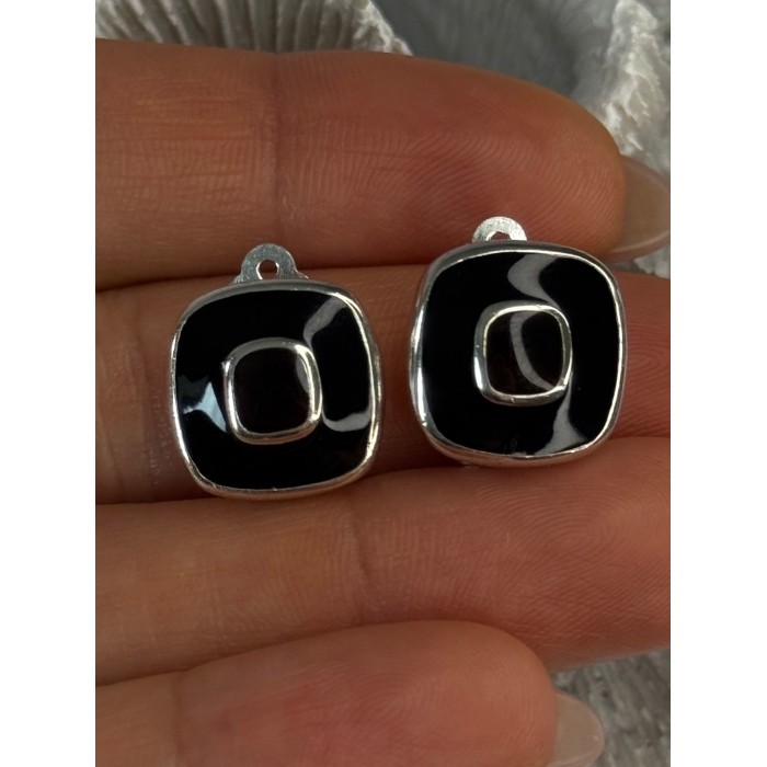 925 Sterling Silver Black & Brown Onyx Clip Earrings Length 0.60 inch