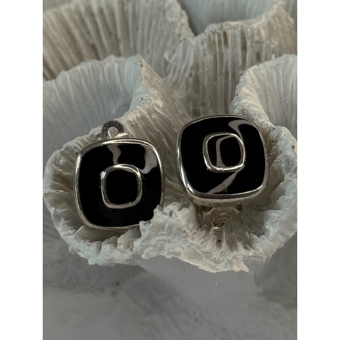 925 Sterling Silver Black & Brown Onyx Clip Earrings Length 0.60 inch