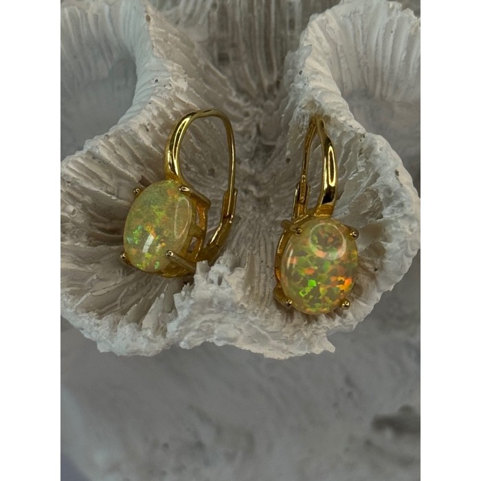 925 Sterling Silver Gold Plated Opal Earrings Length 0.70 inch