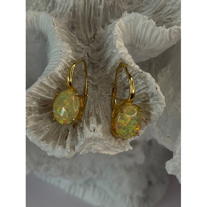 925 Sterling Silver Gold Plated Opal Earrings Length 0.70 inch