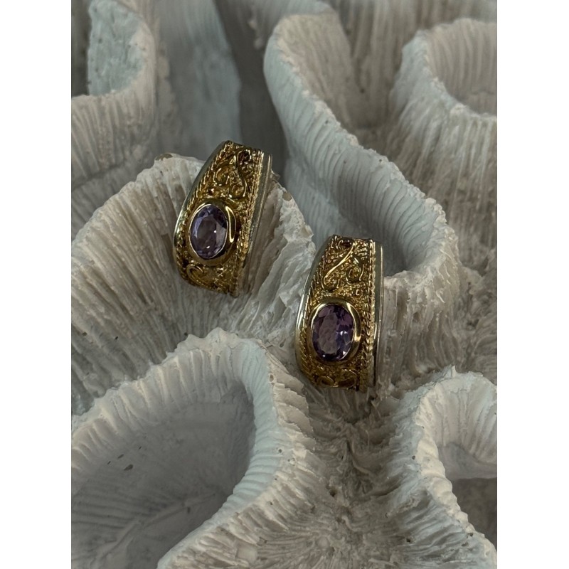 925 Sterling Silver Gold Plated Part Amethyst Earrings Length 0.70 inch