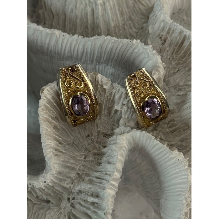 925 Sterling Silver Gold Plated Part Amethyst Earrings Length 0.70 inch