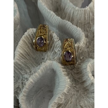 925 Sterling Silver Gold Plated Part Amethyst Earrings Length 0.70 inch
