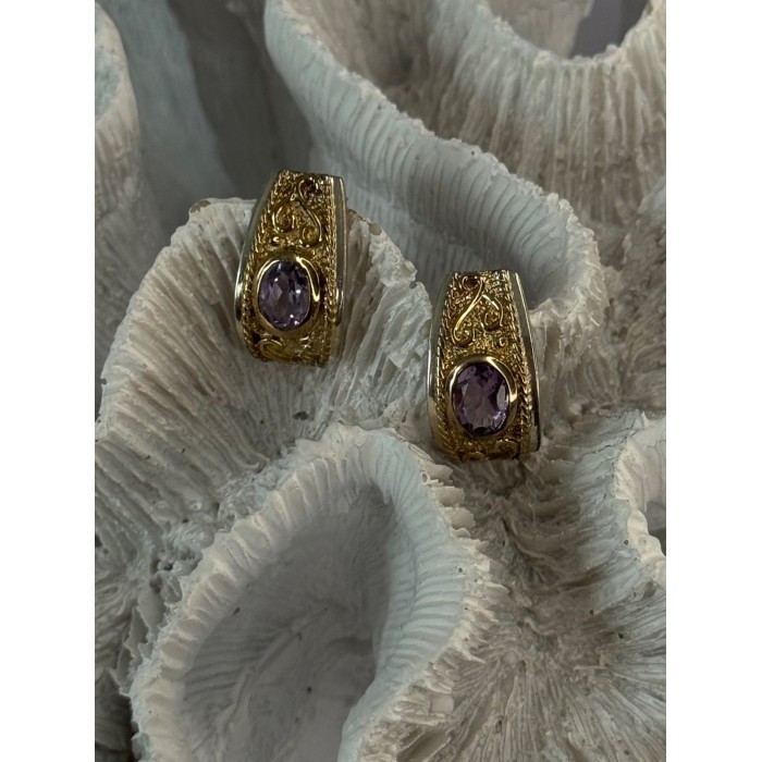 925 Sterling Silver Gold Plated Part Amethyst Earrings Length 0.70 inch
