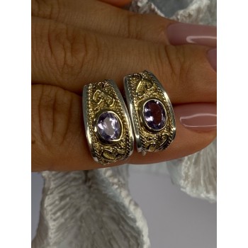 925 Sterling Silver Gold Plated Part Amethyst Earrings Length 0.70 inch