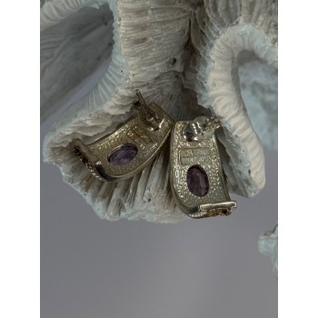 925 Sterling Silver Gold Plated Part Amethyst Earrings Length 0.70 inch