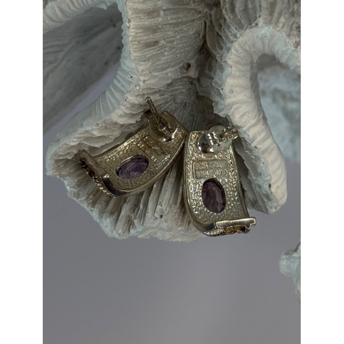 925 Sterling Silver Gold Plated Part Amethyst Earrings Length 0.70 inch