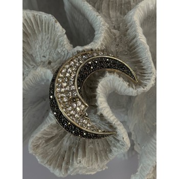 925 Sterling Silver Moon Marcasite & Cz Brooch Length 1.40 inch