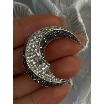 925 Sterling Silver Moon Marcasite & Cz Brooch Length 1.40 inch