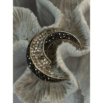 925 Sterling Silver Moon Marcasite & Cz Brooch Length 1.40 inch