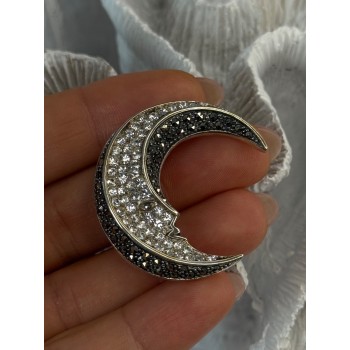 925 Sterling Silver Moon Marcasite & Cz Brooch Length 1.40 inch
