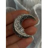 925 Sterling Silver Moon Marcasite & Cz Brooch Length 1.40 inch