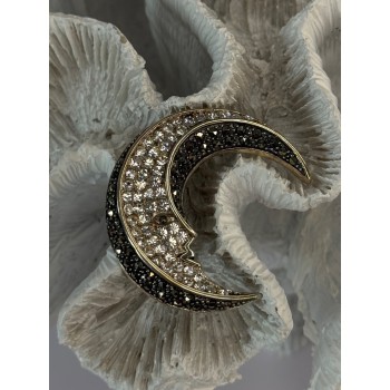 925 Sterling Silver Moon Marcasite & Cz Brooch Length 1.40 inch