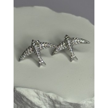 925 Sterling Silver Swallow Stud Earrings CZ Length 0.55 Inch
