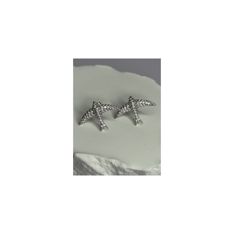 925 Sterling Silver Swallow Stud Earrings CZ Length 0.55 Inch