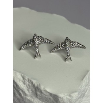925 Sterling Silver Swallow Stud Earrings CZ Length 0.55 Inch