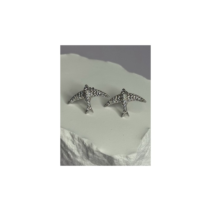 925 Sterling Silver Swallow Stud Earrings CZ Length 0.55 Inch