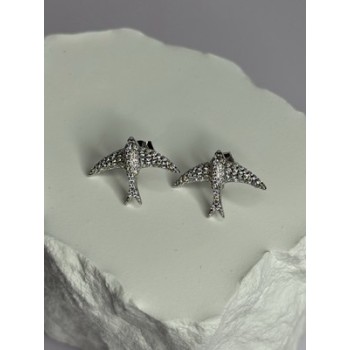 925 Sterling Silver Swallow Stud Earrings CZ Length 0.55 Inch