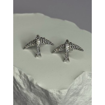 925 Sterling Silver Swallow Stud Earrings CZ Length 0.55 Inch