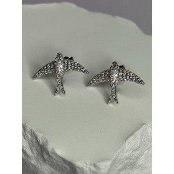 925 Sterling Silver Swallow Stud Earrings CZ Length 0.55 Inch