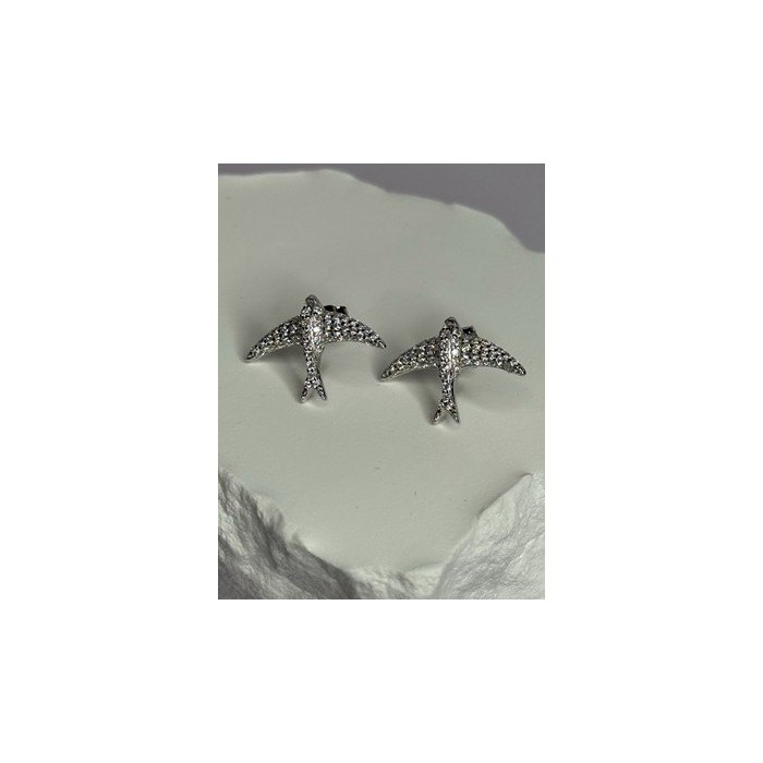 925 Sterling Silver Swallow Stud Earrings CZ Length 0.55 Inch
