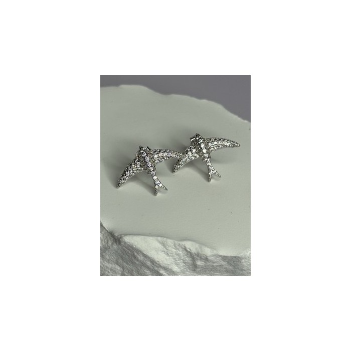 925 Sterling Silver Swallow Stud Earrings CZ Length 0.55 Inch