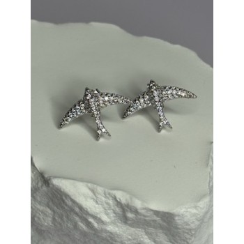 925 Sterling Silver Swallow Stud Earrings CZ Length 0.55 Inch