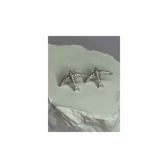 925 Sterling Silver Swallow Stud Earrings CZ Length 0.55 Inch