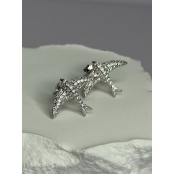 925 Sterling Silver Swallow Stud Earrings CZ Length 0.55 Inch